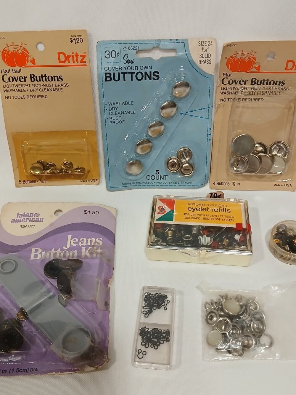 Vintage Sewing Notions Lot New Old Stock Dritz Cover Buttons Talon Jeans Kit Etc